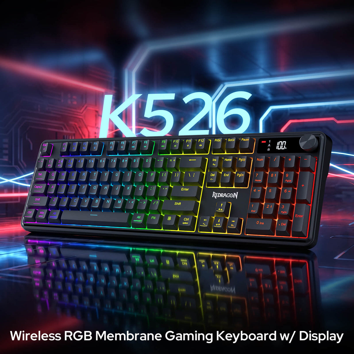 Redragon EU K526 PRO RGB Wireless Membrane Gaming Keyboard, 104 Keys Mechanical-Feel Keyboard w/LED Info Display, Media/Backlit Knob Control, Smooth Linear Switch & Software Supported
