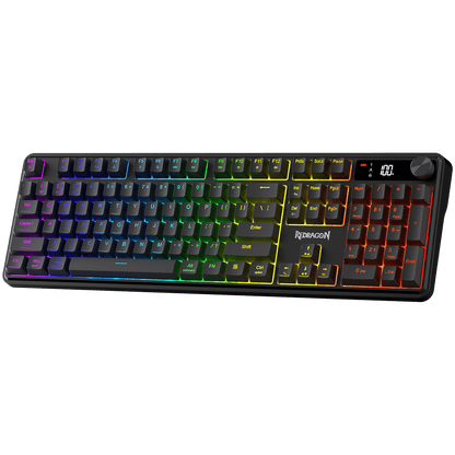 Redragon EU K526 PRO RGB Wireless Membrane Gaming Keyboard, 104 Keys Mechanical-Feel Keyboard w/LED Info Display, Media/Backlit Knob Control, Smooth Linear Switch & Software Supported