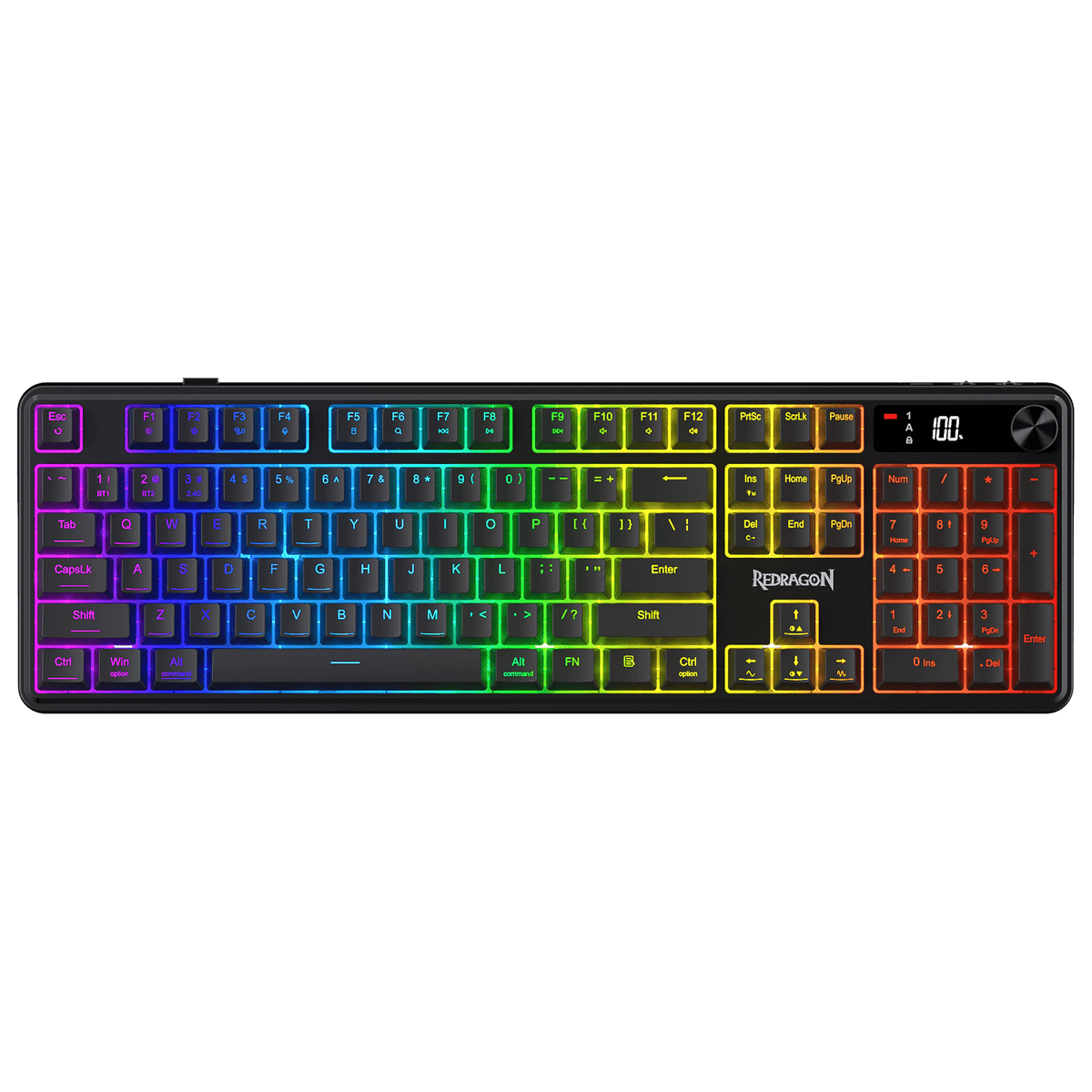 Redragon EU K526 PRO RGB Wireless Membrane Gaming Keyboard, 104 Keys Mechanical-Feel Keyboard w/LED Info Display, Media/Backlit Knob Control, Smooth Linear Switch & Software Supported