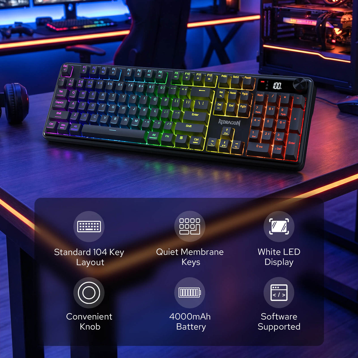Redragon EU K526 PRO RGB Wireless Membrane Gaming Keyboard, 104 Keys Mechanical-Feel Keyboard w/LED Info Display, Media/Backlit Knob Control, Smooth Linear Switch & Software Supported