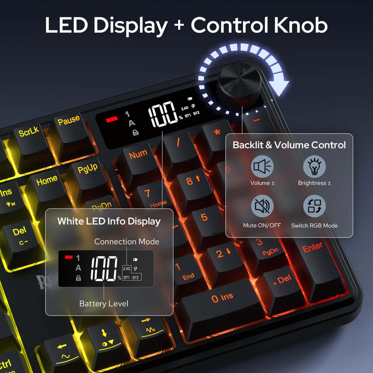 Redragon EU K526 PRO RGB Wireless Membrane Gaming Keyboard, LED Info Display, Media/Backlit Knob Control, 