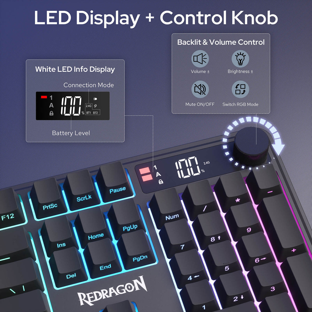 Redragon EU K526 PRO RGB Wireless Membrane Gaming Keyboard,LED Info Display, Media/Backlit Knob Control