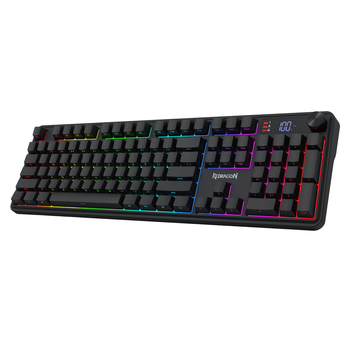 Redragon EU K526 PRO RGB Wireless Membrane Gaming Keyboard, 104 Keys Mechanical-Feel Keyboard w/LED Info Display, Media/Backlit Knob Control, Linear Switch & Software Supported (Side Printed Font)
