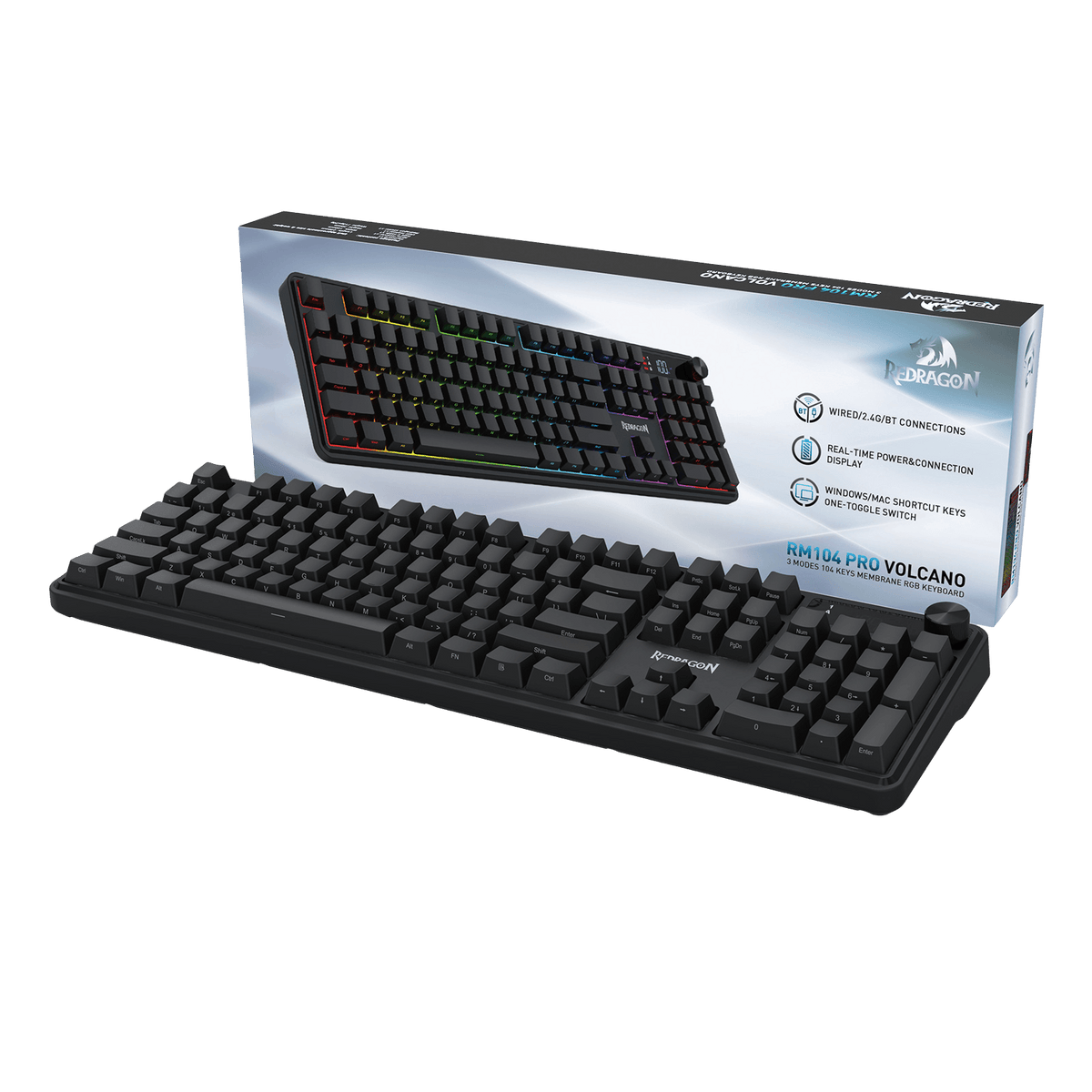 Redragon EU K526 PRO RGB Wireless Membrane Gaming Keyboard, 104 Keys Mechanical-Feel Keyboard w/LED Info Display, Media/Backlit Knob Control, Linear Switch & Software Supported (Side Printed Font)