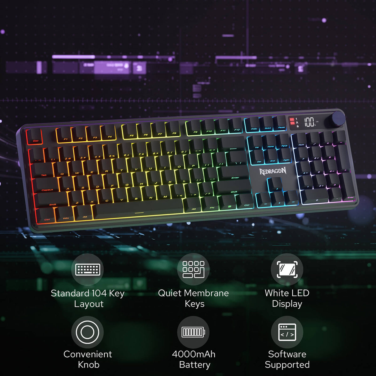 Redragon EU K526 PRO RGB Wireless Membrane Gaming Keyboard, 104 Keys Mechanical-Feel Keyboard w/LED Info Display, Media/Backlit Knob Control, Linear Switch & Software Supported (Side Printed Font) 