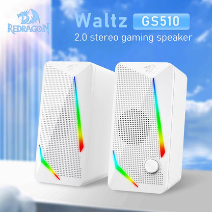 The Redragon GS510 speakers are displayed, emphasizing their 2.0 channel stereo core that delivers rich, crystal-clear audio for gaming, music, and movies, Redragon EU