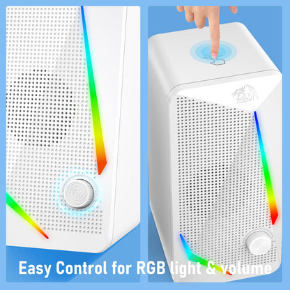 The speakers' intuitive control is highlighted, with a touch button for RGB lighting and a volume knob for easy audio adjustment, Redragon EU