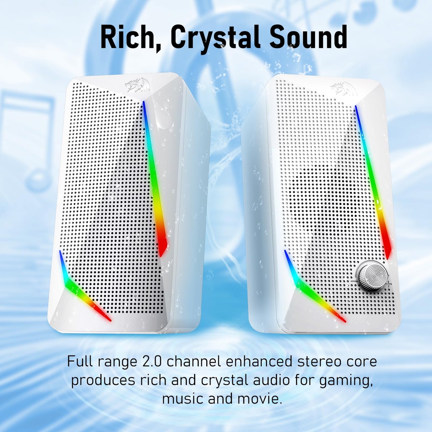 The Redragon Waltz GS510 2.0 stereo gaming speakers are presented, featuring a sleek white design with dynamic RGB light strips , Redragon EU