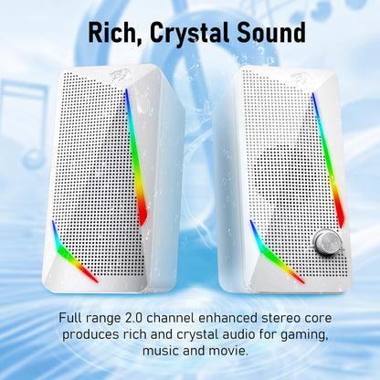 The Redragon Waltz GS510 2.0 stereo gaming speakers are presented, featuring a sleek white design with dynamic RGB light strips , Redragon EU