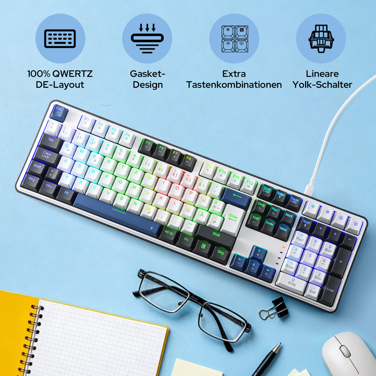 Redragon EU K689 QWERTZ Kabelgebundene Gasket Gaming‑Tastatur Hot‑Swap
4 Zusatzhotkeys 3‑lagiger Geräuschdämpfung bunte Tastenkappen 19 RGB‑Modi Anti‑Ghosting PRO‑Software USB‑C Kabelgebunden