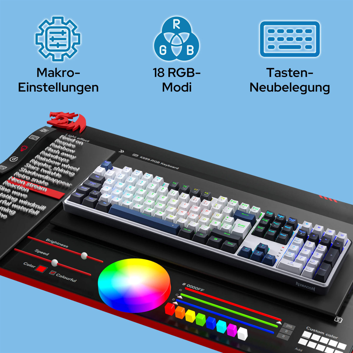 Redragon EU K689 QWERTZ Kabelgebundene Gasket Gaming‑Tastatur , PRO‑Software USB‑C Kabelgebunden