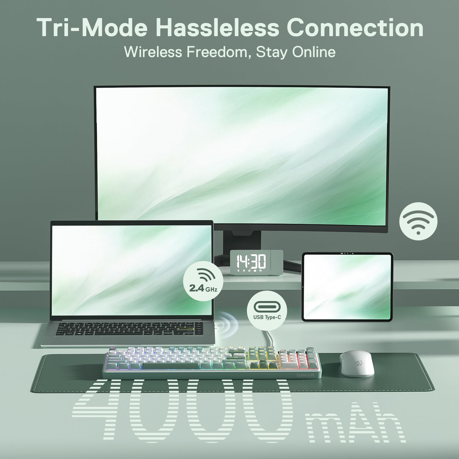 Redragon K761 Wireless Gasket Gaming Keyboard w/Hype Screen & Knob, 104 Keys Mechanical Keyboard, Easy-Control 1.26’’ TFT Info Display, 5-Layer Noise Dampening, Custom Linear Switch