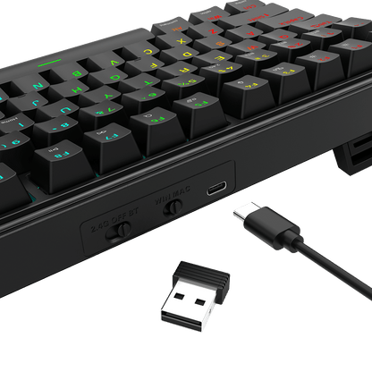 A close-up of the Redragon mechanical keyboard shows its 3-mode connection switch (2.4G/BT/Off), USB-C charging port, 2.4GHz receiver, and RGB backlighting.