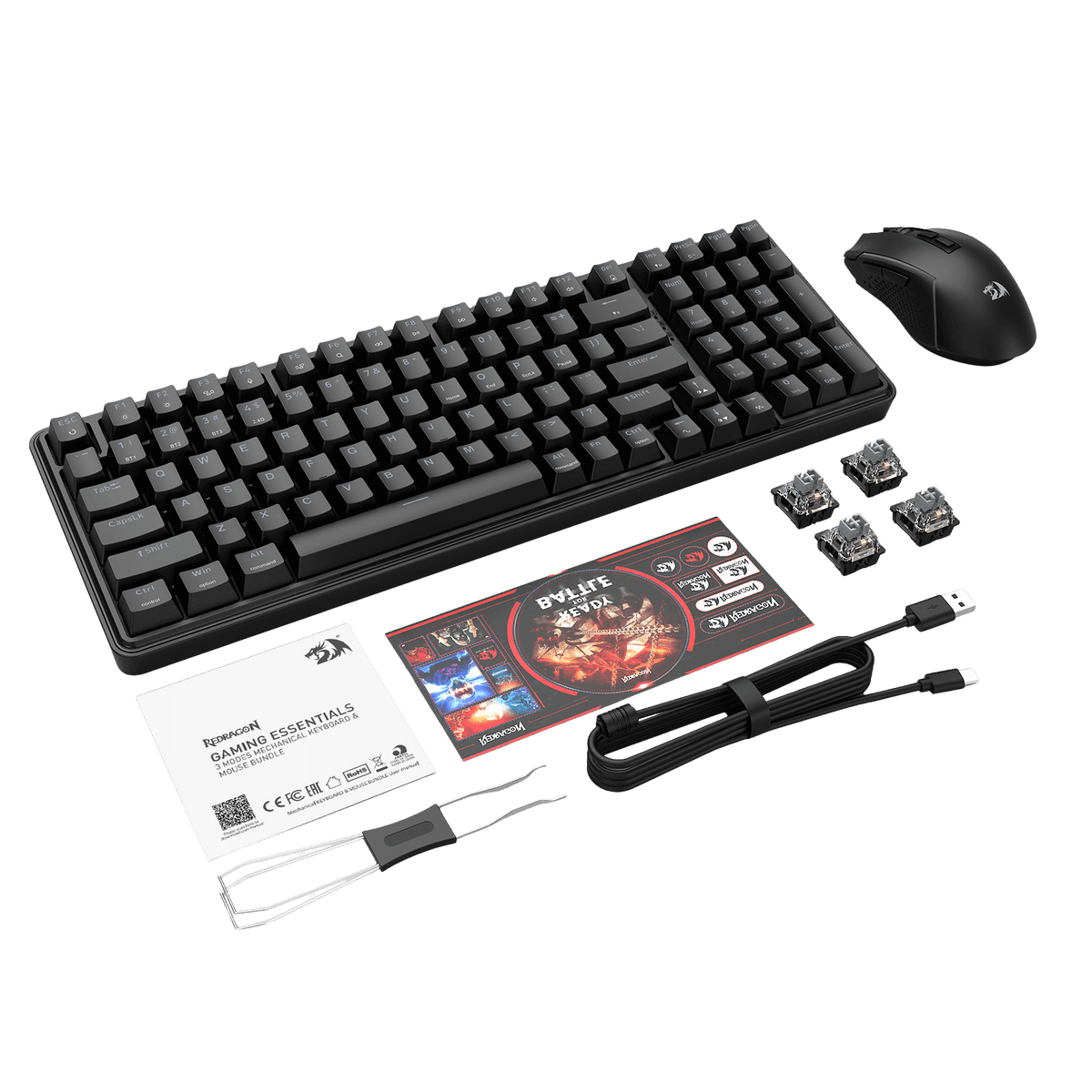 A complete Redragon gaming bundle is displayed, including a full-size mechanical keyboard, wireless mouse, extra mechanical switches, USB-C cable, keycap puller, user manual, and a "Bylife Keycap" promotional card, all laid out against a white background.
