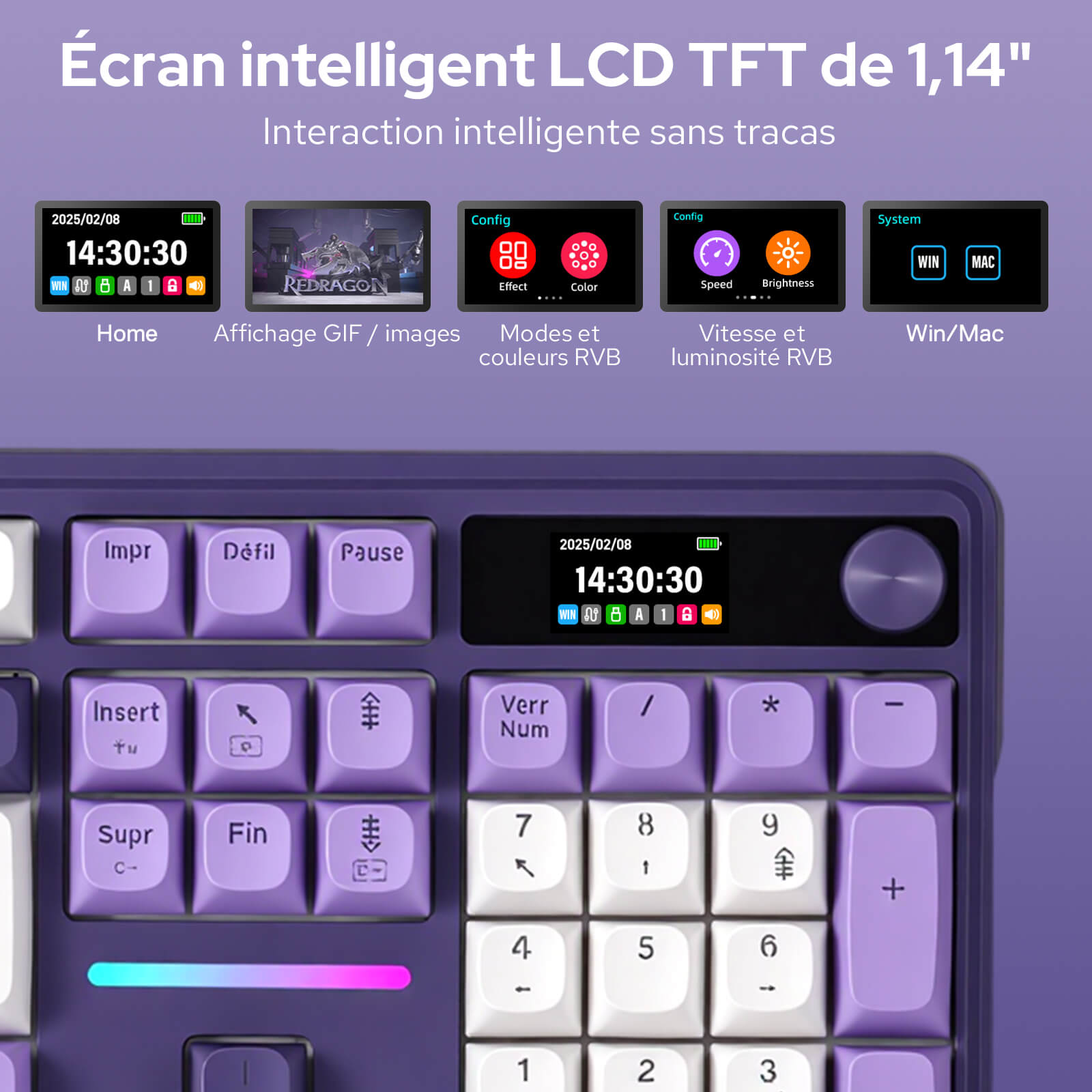 Smart keyboard with 1.14-inch LCD display on a purple background