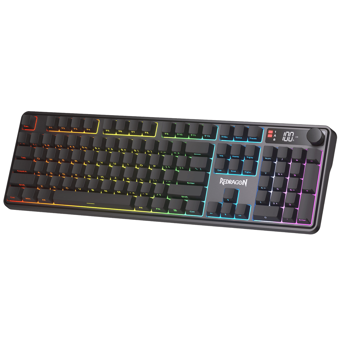 Redragon EU K526 PRO RGB Wireless Membrane Gaming Keyboard, 104 Keys Mechanical-Feel Keyboard w/LED Info Display, Media/Backlit Knob Control, Linear Switch & Software Supported (Side Printed Font) | show