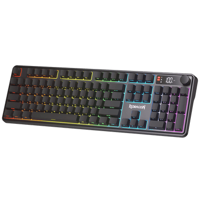 Redragon EU K526 PRO RGB Wireless Membrane Gaming Keyboard, 104 Keys Mechanical-Feel Keyboard w/LED Info Display, Media/Backlit Knob Control, Linear Switch & Software Supported (Side Printed Font) | show