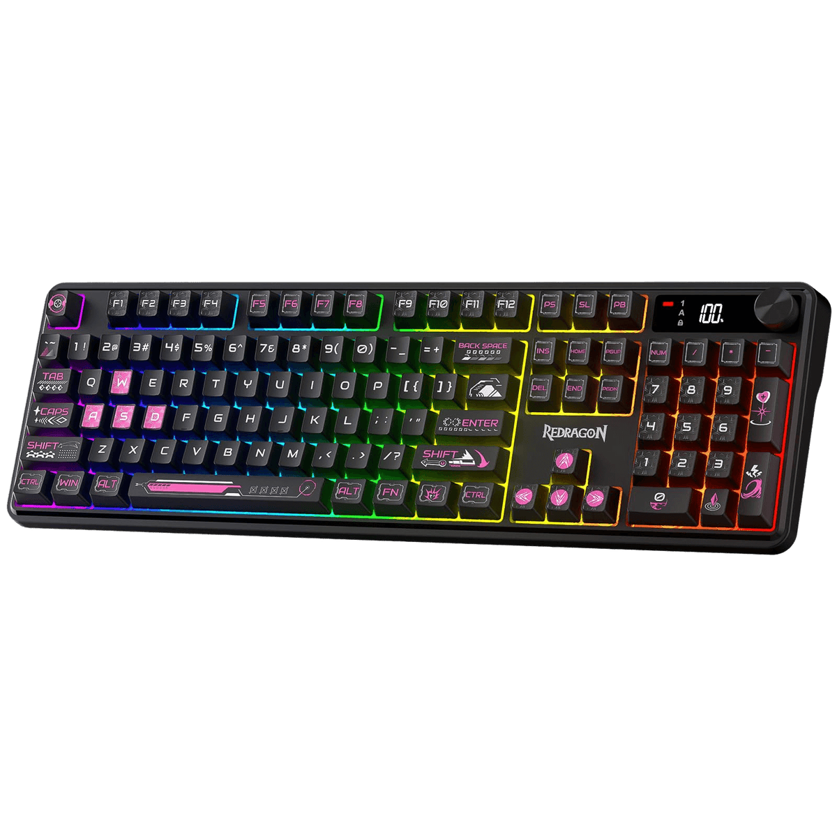 Redragon EU K526 PRO RGB Wireless Membrane Gaming Keyboard, 104 Keys Mechanical-Feel Keyboard w/LED Info Display, Media/Backlit Knob Control, Smooth Linear Switch & Software Supported | show