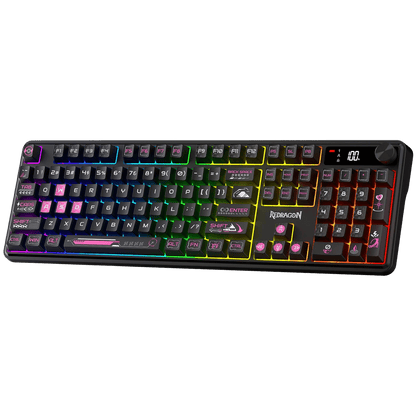 Redragon EU K526 PRO RGB Wireless Membrane Gaming Keyboard, 104 Keys Mechanical-Feel Keyboard w/LED Info Display, Media/Backlit Knob Control, Smooth Linear Switch & Software Supported | show