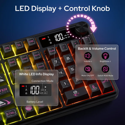 Redragon EU K526 PRO RGB Wireless Membrane Gaming Keyboard, 104 Keys Mechanical-Feel Keyboard w/LED Info Display, Media/Backlit Knob Control, Smooth Linear Switch & Software Supported