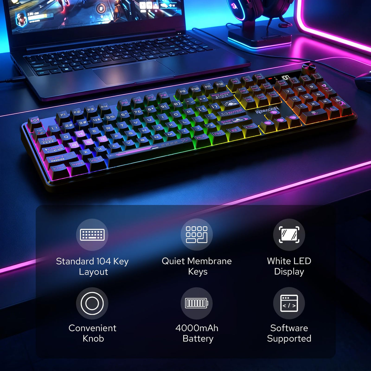 Redragon EU K526 PRO RGB Wireless Membrane Gaming Keyboard, 104 Keys Mechanical-Feel Keyboard w/LED Info Display, Media/Backlit Knob Control, Smooth Linear Switch & Software Supported