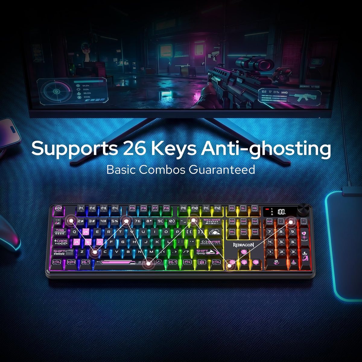 Redragon EU K526 PRO RGB Wireless Membrane Gaming Keyboard, 104 Keys Mechanical-Feel Keyboard w/LED Info Display, Media/Backlit Knob Control, Smooth Linear Switch & Software Supported