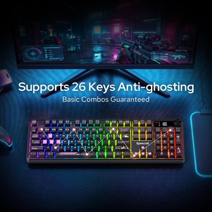 Redragon EU K526 PRO RGB Wireless Membrane Gaming Keyboard, 104 Keys Mechanical-Feel Keyboard w/LED Info Display, Media/Backlit Knob Control, Smooth Linear Switch & Software Supported