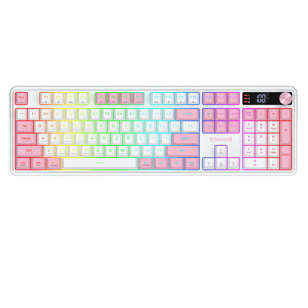 A full-sized mechanical keyboard with a white frame and a pastel rainbow gradient keycap layout, shown against a solid black background. | show