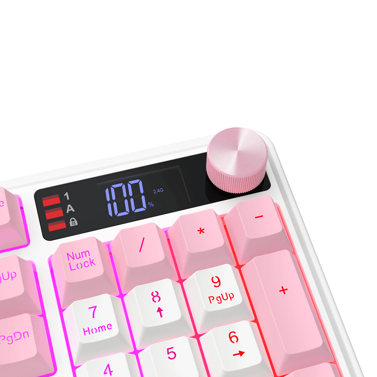 Close-up of a modern keyboard with pastel pink and white keys, a black display screen showing 100%, and a metallic pink rotary knob on a black background.