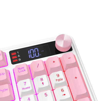 Close-up of a modern keyboard with pastel pink and white keys, a black display screen showing 100%, and a metallic pink rotary knob on a black background.