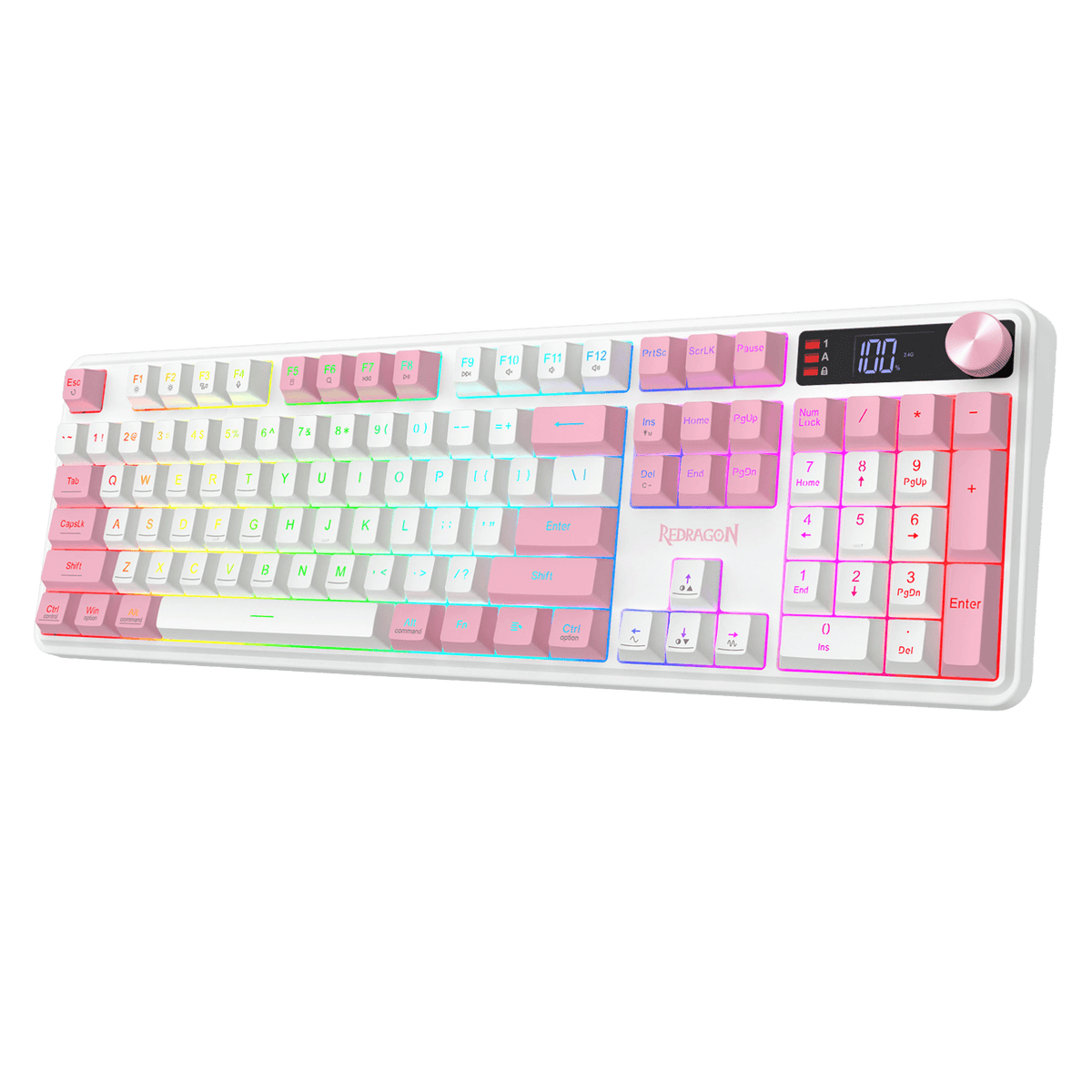 A compact mechanical keyboard with pastel pink, white, and light blue gradient keycaps, featuring a white frame, a digital display screen, and a pink rotary knob on the top right, set against a solid black background.