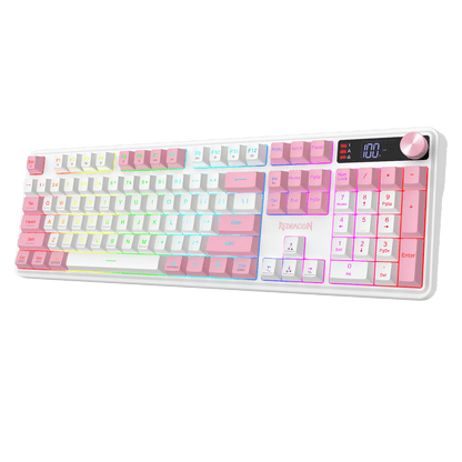 A compact mechanical keyboard with pastel pink, white, and light blue gradient keycaps, featuring a white frame, a digital display screen, and a pink rotary knob on the top right, set against a solid black background.