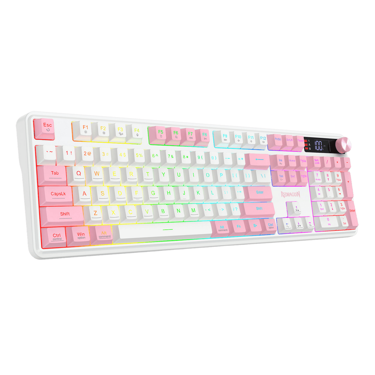 A compact mechanical keyboard with pastel pink, peach, and light blue keycaps, featuring a white frame and RGB backlighting, shown against a solid black background.