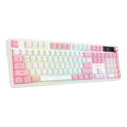 A compact mechanical keyboard with pastel pink, peach, and light blue keycaps, featuring a white frame and RGB backlighting, shown against a solid black background.