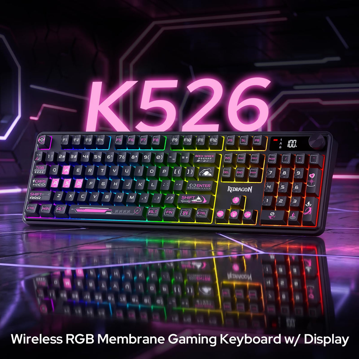 Gaming keyboard with RGB lighting on a reflective surface with 'K526' text in the background.
