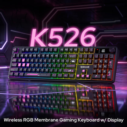 Gaming keyboard with RGB lighting on a reflective surface with 'K526' text in the background.