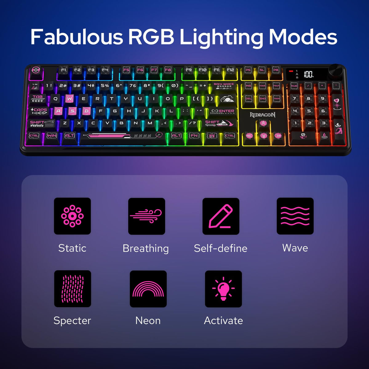 Keyboard with RGB lighting modes on a blue background