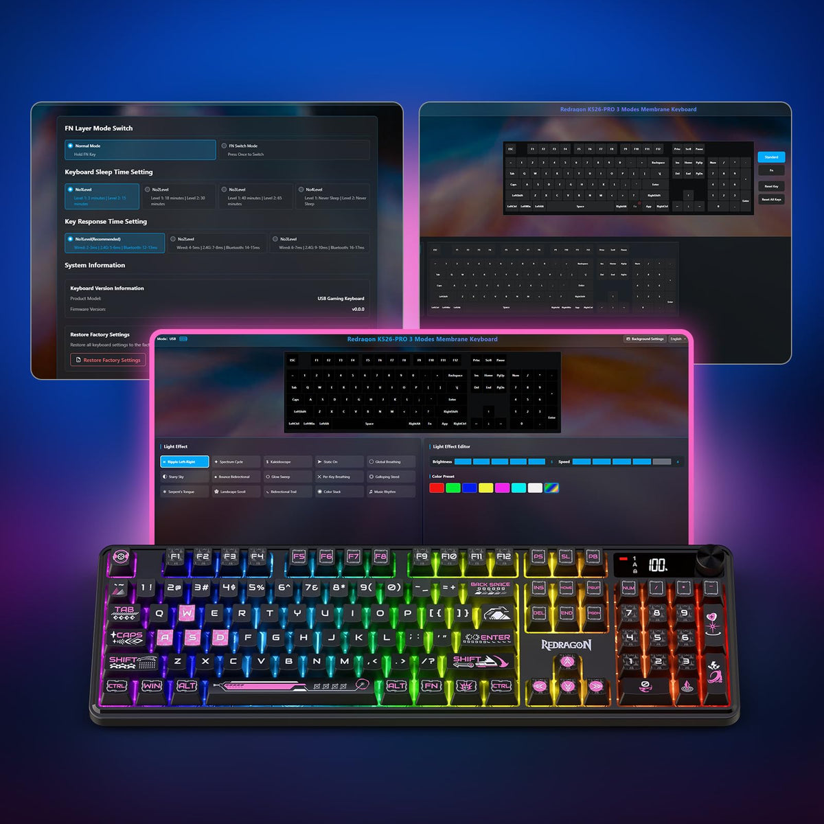 Keyboard with RGB lighting displayed on a blue and purple gradient background