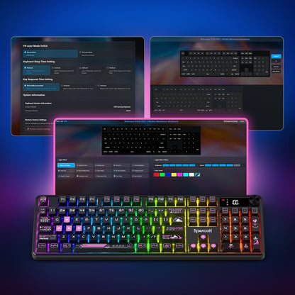 Keyboard with RGB lighting displayed on a blue and purple gradient background