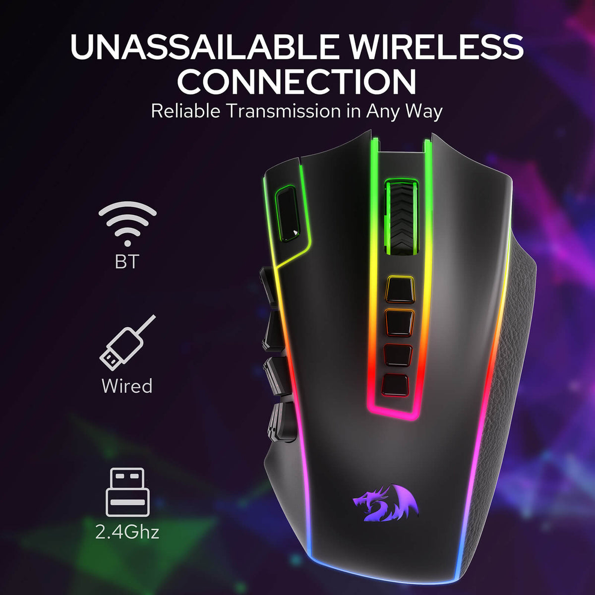 Redragon EU M990 Tri-Mode MMO Gaming Mouse with Bluetooth, 2.4GHz Wireless and Wired Connectivity