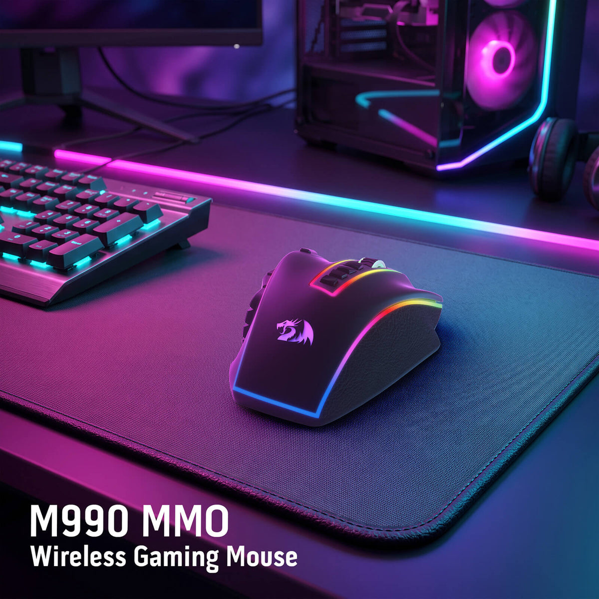 Redragon EU M990 Wireless MMO Gaming Mouse with RGB Lighting in a Gaming Desk Setup