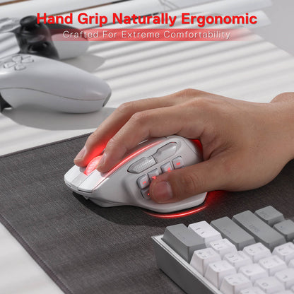 Redragon EU Hand hovering over the AATROX M811 PRO mouse on a black mouse pad, emphasizing the ergonomic design and precision.