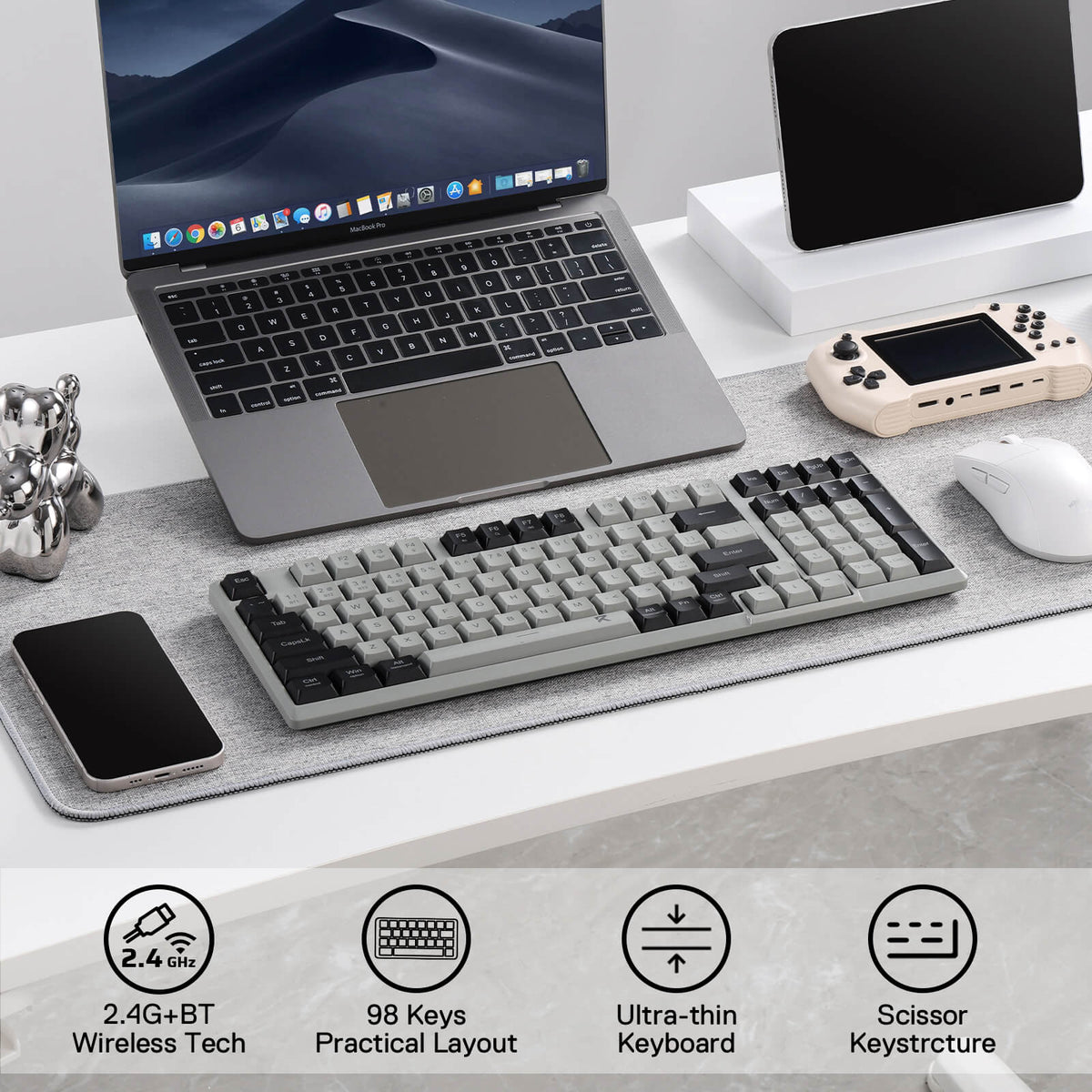 Redragon EU BK7114 Tri-modes Wireless Keyboard with Scissor Mechanism, this ultra-thin keyboard offers a quiet keystroke and 96% 98 Keys QWERTY Layout with Number Pad for maximum functionality without sacrificing space. Grey and Black Mixed-Color Keycaps are perfect for minimalism. Designed for home, office, or work.