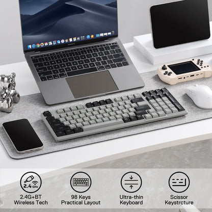 Redragon EU BK7114 Tri-modes Wireless Keyboard with Scissor Mechanism, this ultra-thin keyboard offers a quiet keystroke and 96% 98 Keys QWERTY Layout with Number Pad for maximum functionality without sacrificing space. Grey and Black Mixed-Color Keycaps are perfect for minimalism. Designed for home, office, or work.