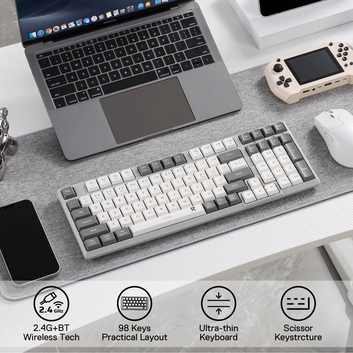 Redragon EU BK7114 Tri-modes Wireless Keyboard with Scissor Mechanism, this ultra-thin keyboard offers a quiet keystroke and 96% 98 Keys QWERTY Layout with Number Pad for maximum functionality without sacrificing space. Grey and White Mixed-Color Keycaps are perfect for minimalism. Designed for home, office, or work.