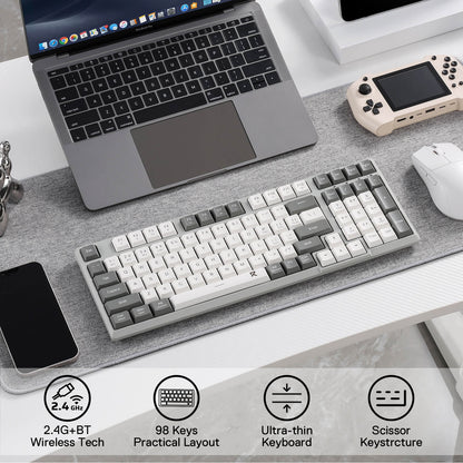 Redragon EU BK7114 Tri-modes Wireless Keyboard with Scissor Mechanism, this ultra-thin keyboard offers a quiet keystroke and 96% 98 Keys QWERTY Layout with Number Pad for maximum functionality without sacrificing space. Grey and White Mixed-Color Keycaps are perfect for minimalism. Designed for home, office, or work.