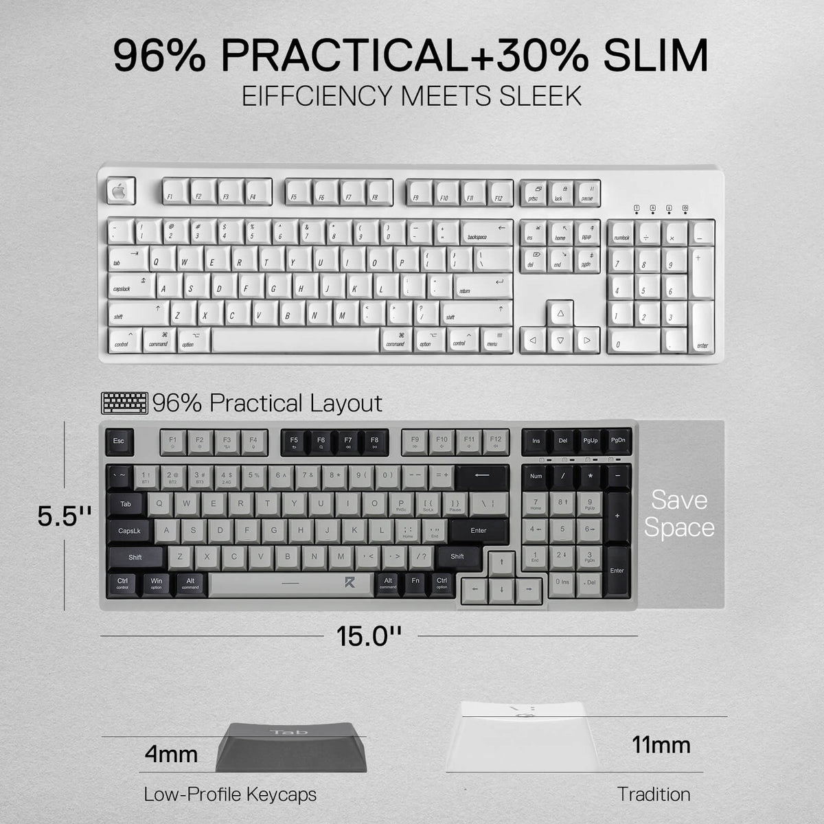 Redragon EU BK7114 Scissor Mechanism Slim Wireless Keyboard in Black Grey with 96% 98 Keys QWERTY Layout and Number Pad for maximum functionality without sacrificing space