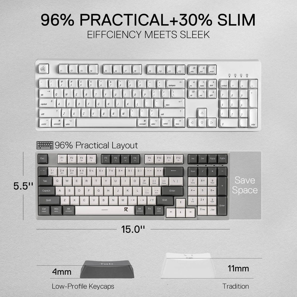 Redragon EU BK7114 Scissor Mechanism Slim Wireless Keyboard in White Grey with 96% 98 Keys QWERTY Layout and Number Pad for maximum functionality without sacrificing space
