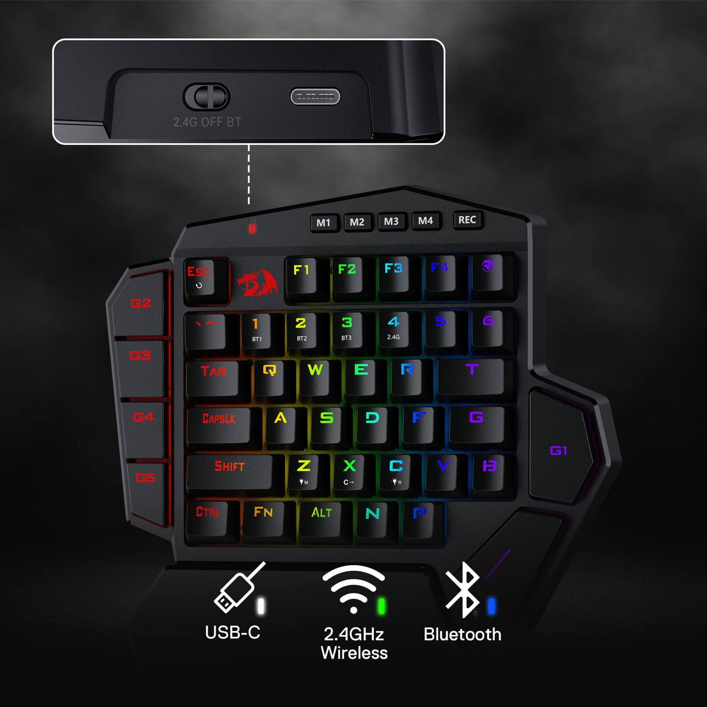 Redragon EU K585 PRO Wireless One-Handed Mechanical Keyboard, 42 Keys 3-Mode RGB 40% Gaming Keypad w/ 7 Onboard Macro Keys, Detachable Wrist Support, Durable Battery 