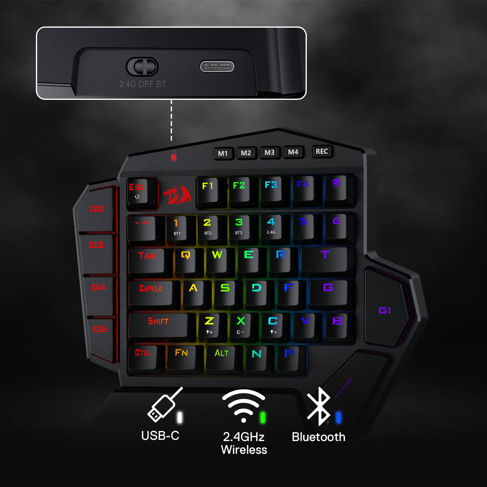 Redragon EU K585 PRO Wireless One-Handed Mechanical Keyboard, 42 Keys 3-Mode RGB 40% Gaming Keypad w/ 7 Onboard Macro Keys, Detachable Wrist Support, Durable Battery 